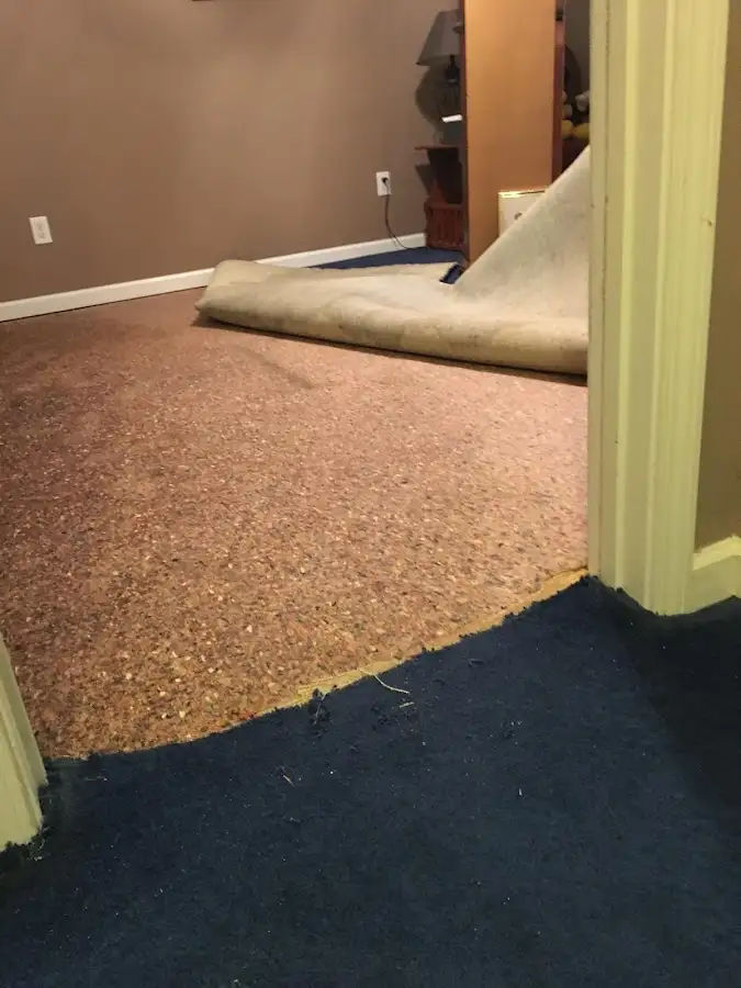 Carpet pad removal revealing water damage during Drying & Dehumidification in Whitfield